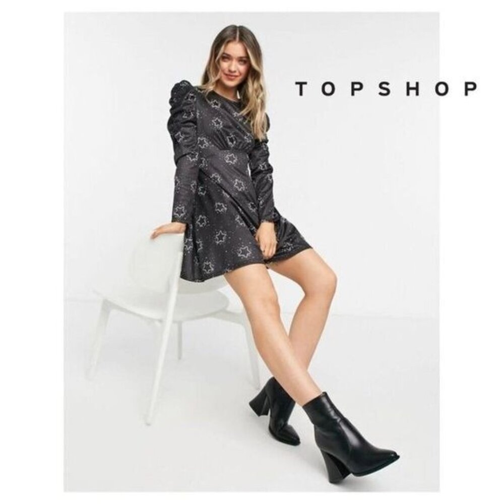 TOPSHOP Women's Puff‎ Shoulders Black Star Print Jersey Flippy Mini Dress